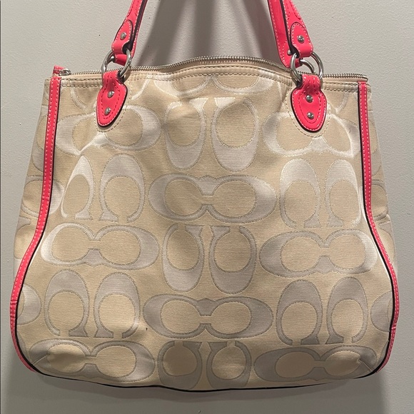 Coach Poppy Signature Metallic Outline Hallie Tote Handbag - Coral Patent Trim - Picture 8 of 13